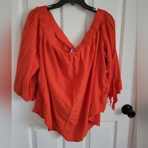 Old Navy Women’s XXL Relaxed Linen Blend Peasant Blouse Hot Tamale Orange NWT